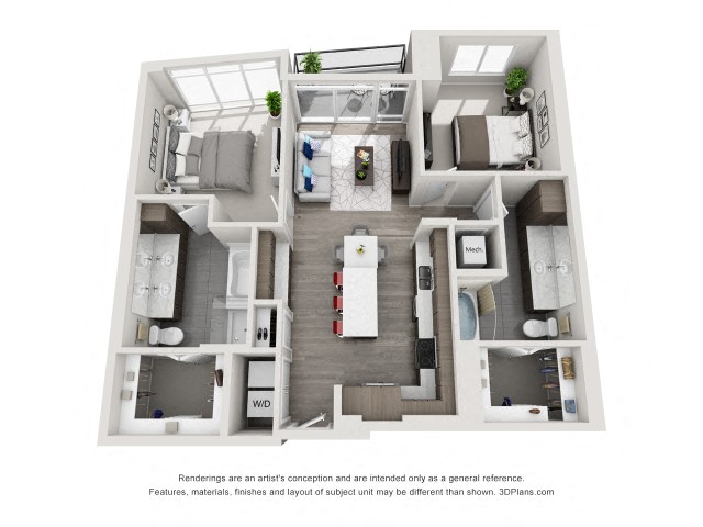Floor plan for 2 beds, 2 baths, 1233 sqft